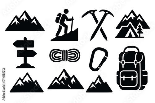 Mountaineering and climbing icon set. Vector black symbols of mountain adventure