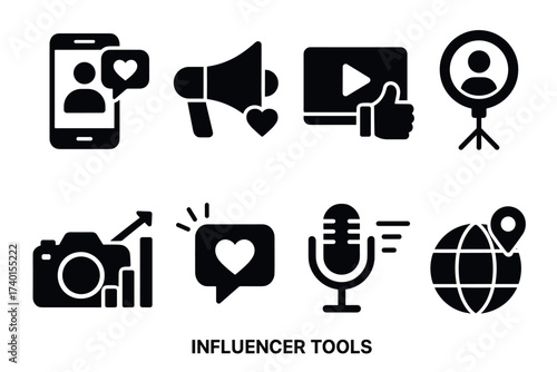 Influencer tools and social media marketing icon set. Vector black symbols of content creation