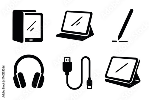 Tablet computer and accessories icon set. Vector black symbols of mobile devices
