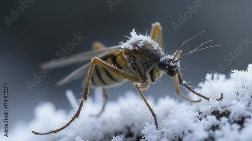 Frozen Mosquito Covered with Snowflakes in Macro Photography