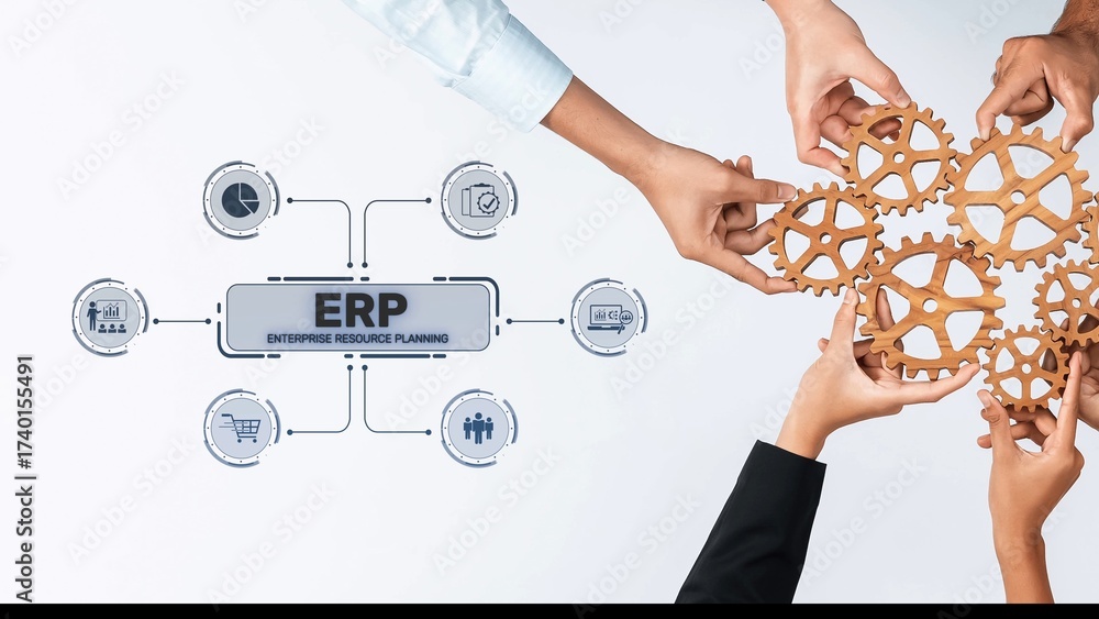 Obraz premium Dynamic hands unite over gears, representing collaboration and strategic planning in enterprise resource solutions focusing on efficiency and integration of business processes. Raster