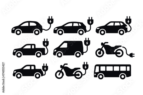 Electric vehicles and EV charging icon set. Vector black symbols of green transportation