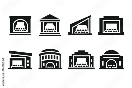 Theater and cinema building icon set. Vector black symbols of entertainment architecture