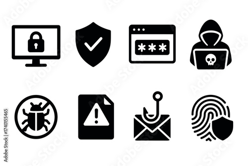 Cyber crime and hacking icon set. Vector black symbols of online security threats