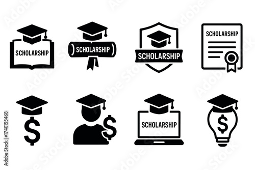 Scholarship and education grant icon set. Vector black symbols of financial aid for students