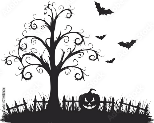 Spooky halloween tree pumpkin bats isolated on a transparent background