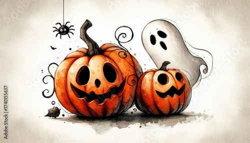 Watercolor illustration of funny, glowing jack-o'-lanterns and a friendly ghost with a spider.