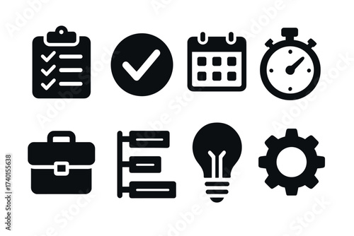 Project management and productivity icon set. Vector black symbols of planning and tasks