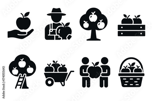 Apple picking and harvest icon set. Vector black symbols of farming and orchard