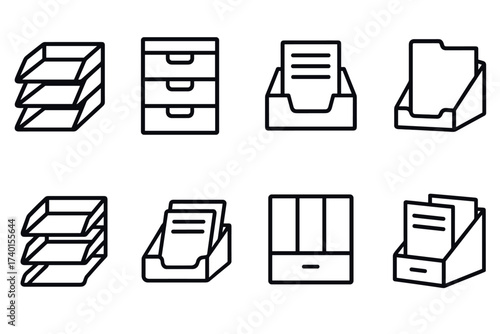 Office paper tray and document organizer icon set. Vector line art symbols of stationery