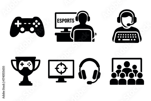 Esports and pro gaming icon set. Vector black symbols of competitive video games