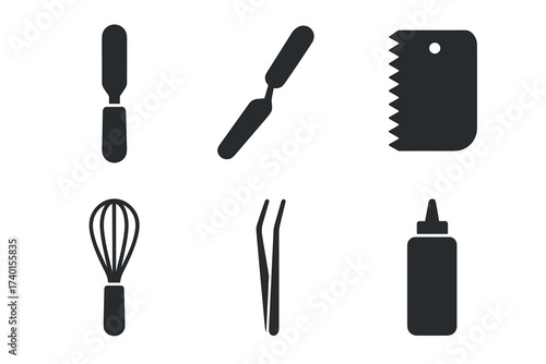 Pastry and cake decorating tool icon set. Vector black symbols of confectionery utensils