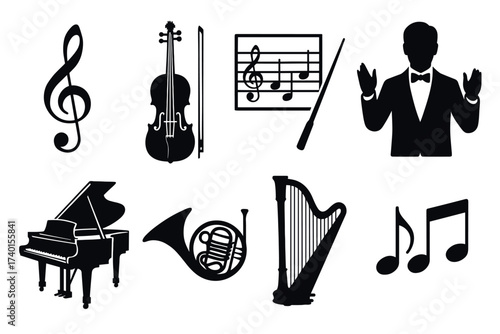 Classical music and orchestra icon set. Vector black symbols of symphonic instruments