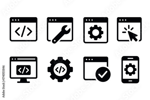 Web development and coding icon set. Vector black symbols of website programming and maintenance
