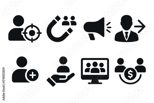 Customer acquisition and lead generation icon set. Vector black symbols of marketing