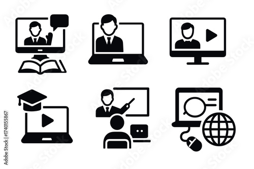 Online tutoring and e-learning icon set. Vector black symbols of distance education