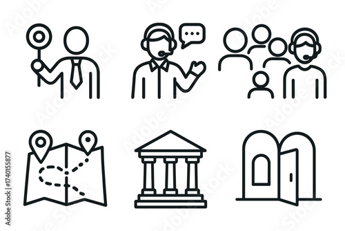 Tour guide and museum excursion icon set. Vector line art symbols of travel and tourism