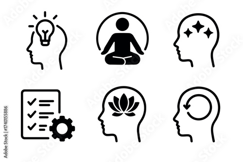 Mindfulness and focus icon set. Vector line art symbols of mental clarity and meditation