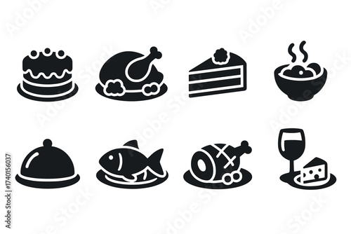 Dinner and feast icon set. Vector black symbols of prepared meals and dishes