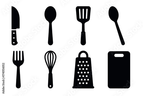 Kitchen utensils and cooking equipment icon set. Vector black symbols of food preparation tools
