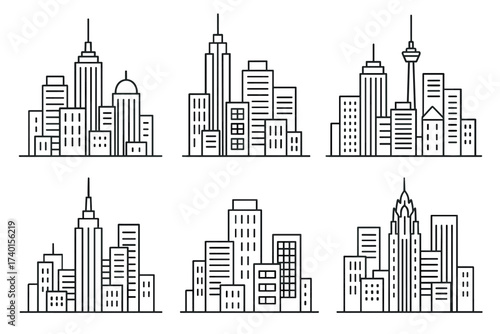 City skyline and urban landscape icon set. Vector line art symbols of metropolis architecture
