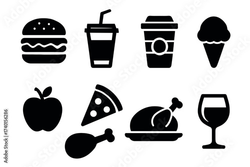 Food and drink icon set. Vector black symbols of fast food, meals, and beverages