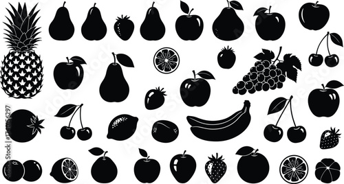 Fruit silhouettes collection, tropical fruit icons, healthy food vector, pineapple, apple, pear, banana, cherry, grape, lemon, orange, strawberry, fresh fruit illustration