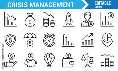 Editable stroke vector icons of crisis, finance, and risk management concepts