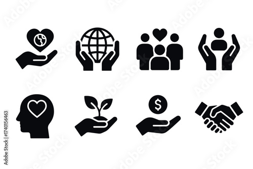 Social responsibility and ESG icon set. Vector black symbols of ethics and sustainability