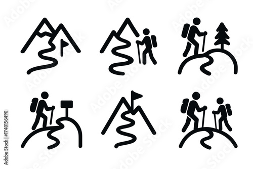 Hiking and mountaineering icon set. Vector symbols of trekking and outdoor adventure