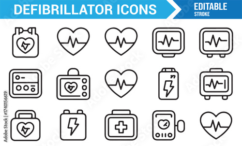 Modern line style defibrillator symbol pack for hospital and cardiology graphics