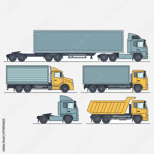 Set of diverse vector trucks Transport vehicles, trailer, dump truck, freight transport illustration