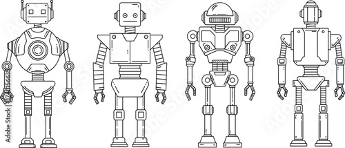 Futuristic retro robot illustration, mechanical android drawing, sci-fi humanoid machine design, vintage artificial intelligence robot art, technology line artwork