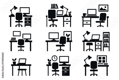 Home office and workspace icon set. Vector black symbols of remote work furniture