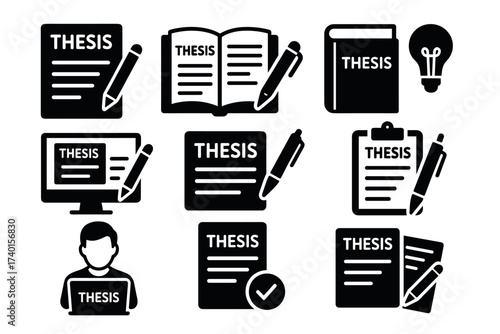 Thesis and dissertation icon set. Vector black symbols of academic research and writing