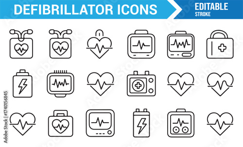 Defibrillator and ECG vector icons for medical, rescue, and emergency design