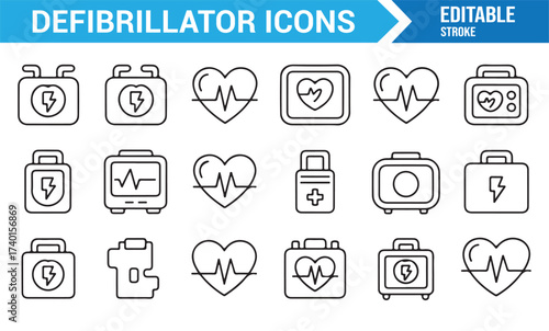 Minimal healthcare outline icon set featuring defibrillator and heart monitor