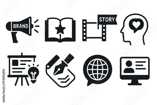 Brand storytelling and content marketing icon set. Vector black symbols of narrative and communication