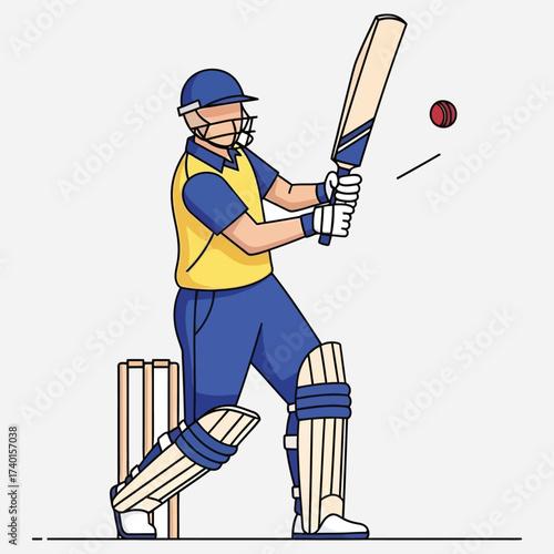 Cricket Player Swinging Bat at Ball, Cricketer on Field Playing Sports Game