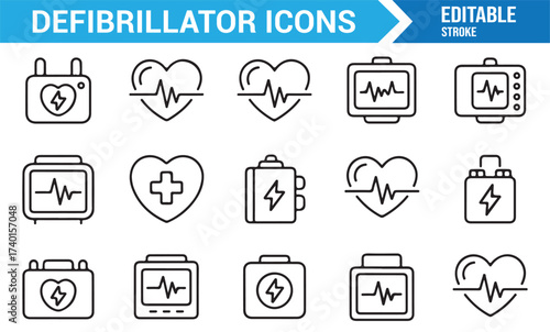 Editable stroke vector of defibrillator devices, pulse, and heart rate icons