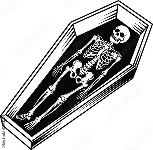Skeleton rests peacefully inside a coffin in black and white