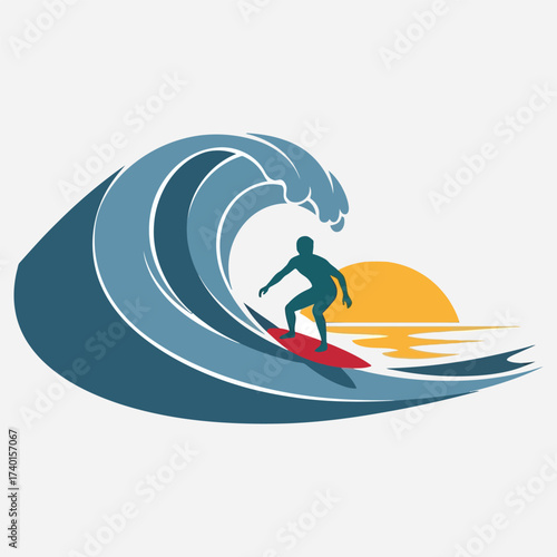 Surfer riding a wave at sunset, blue ocean background with person silhouette, surfing concept