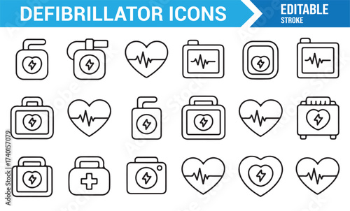 Line art medical defibrillator icons for doctor, patient, and hospital themes