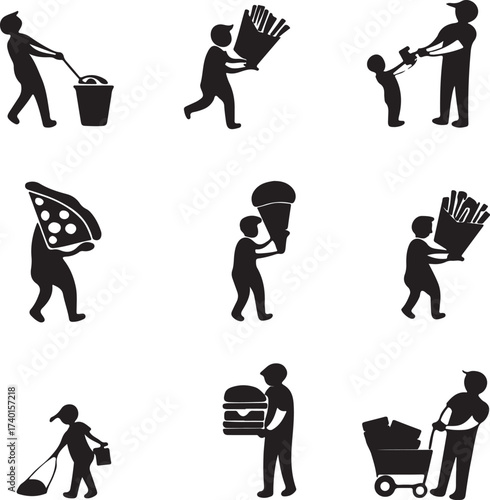 Collection of Silhouetted Figures Engaged in Various Activities Including Cleaning and Food Service Keywords: silhouette, person, cleaning, bucket, mop, trash can, pizza, slice, french fries, ice