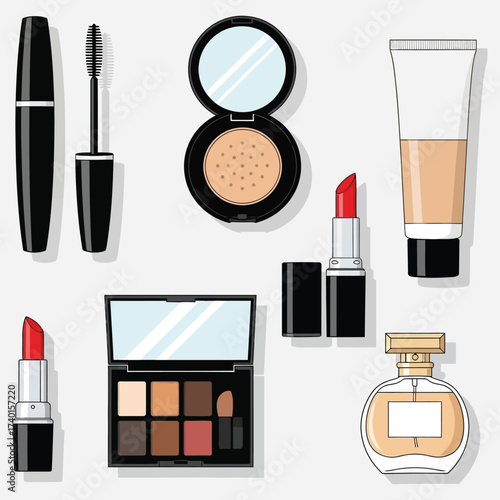 Collection of cosmetic products for makeup application and beauty care including lipstick, mascara, and foundation