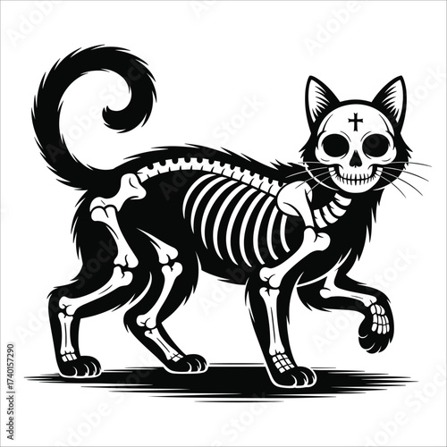 Spooky skeleton cat walking with halloween flair and gothic charm