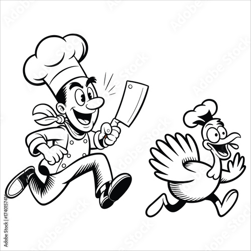 Funny cartoon chef chasing a scared duck with a cleaver in a comedic pursuit scene