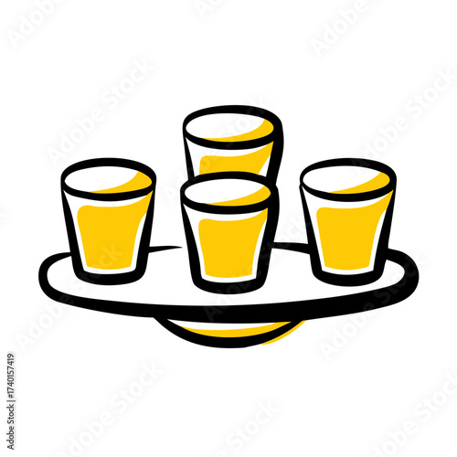 Four yellow shot glasses on a serving tray in a minimalist style  