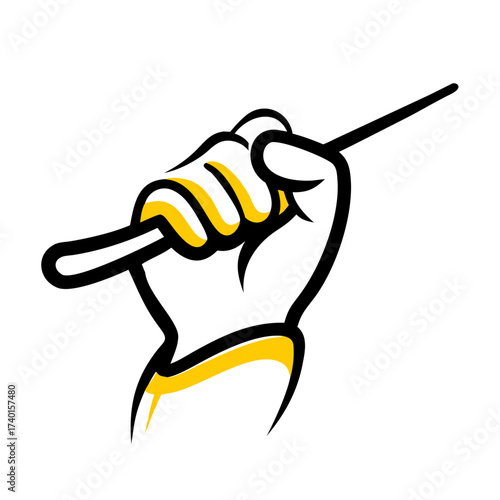 Hand holding conductor's baton in artistic black and yellow design  