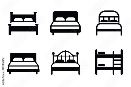 Bed and bedroom furniture icon set. Vector black symbols of different bed styles